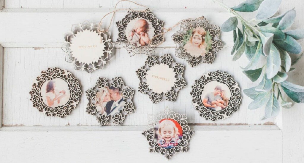 A flat lay of PhotoBarn Ornate Wooden Ornaments