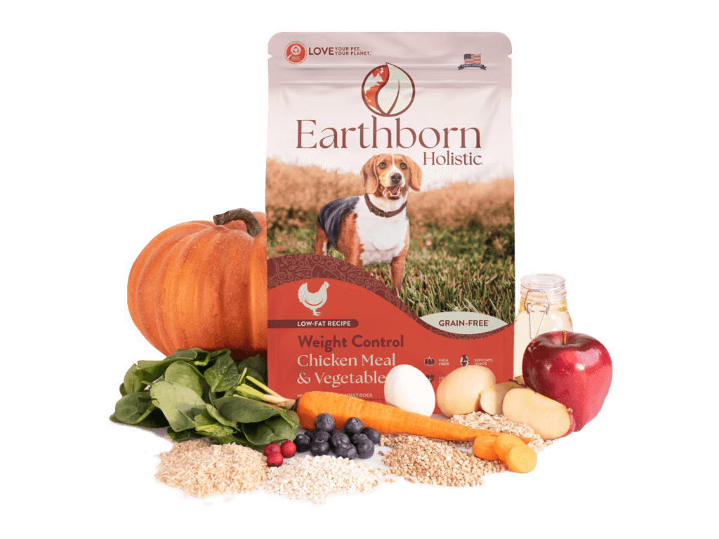 Earthborn Holistic bag with bowl of kibble and fresh ingredients