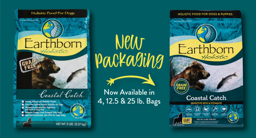 A graphic showing the updated packaging for Earthborn Holistic Coastal Catch