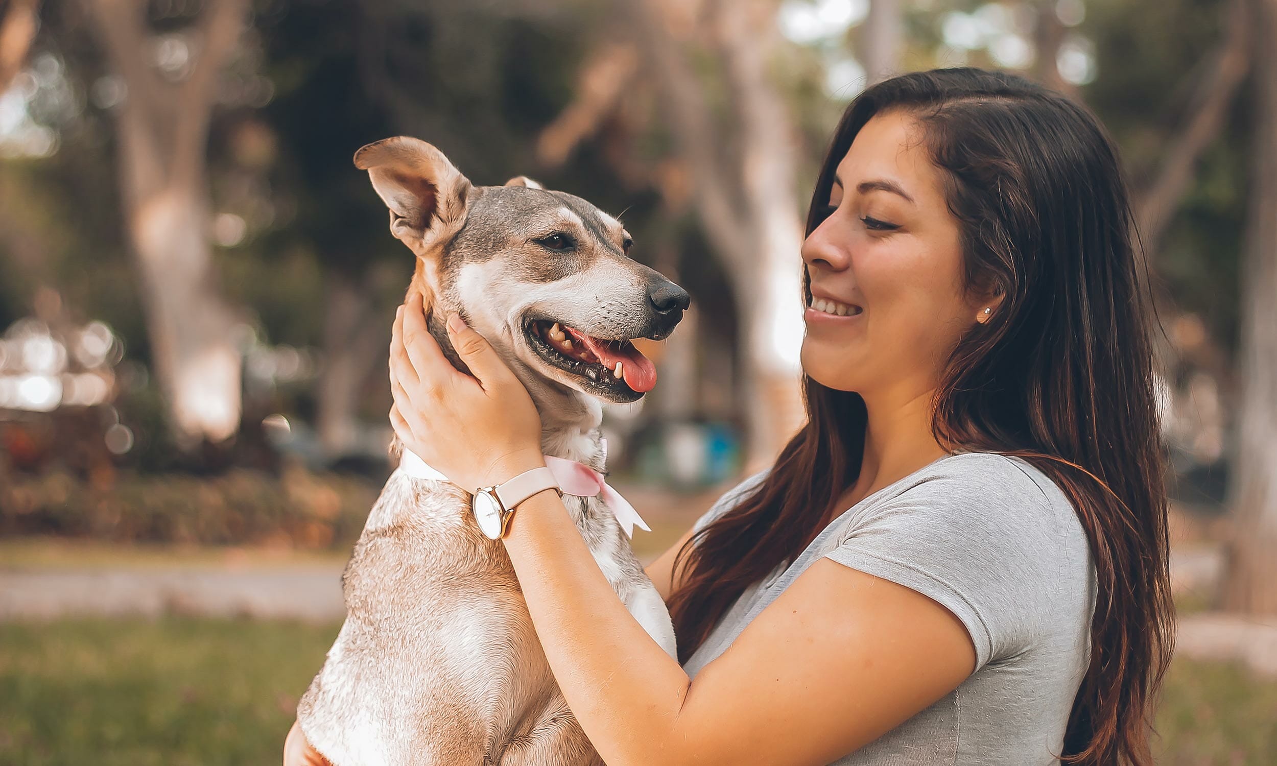 Woman caressing a smiling dog