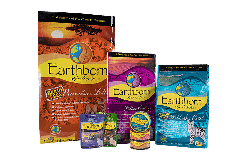 Various bags of Earthborn Holistic cat food