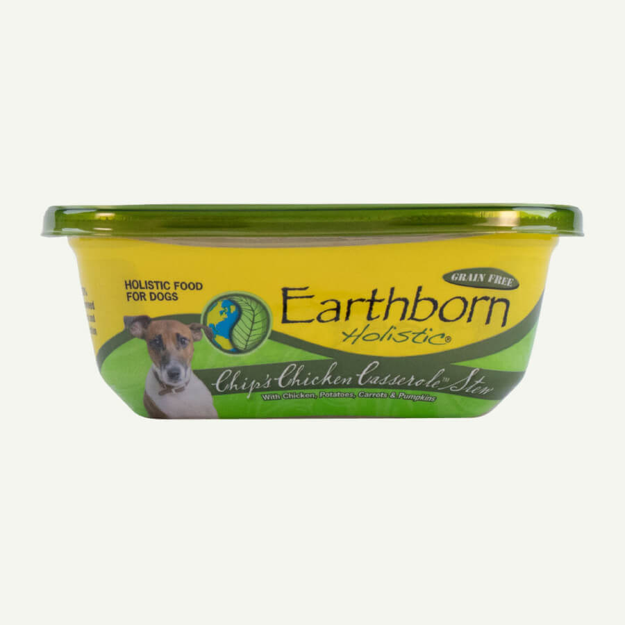 Earthborn Holistic Chip's Chicken Casserole Stew dog food - front of tub
