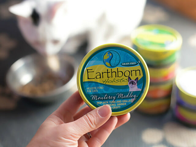 Person holding up a can of Earthborn Holistic Monterey Medley cat food