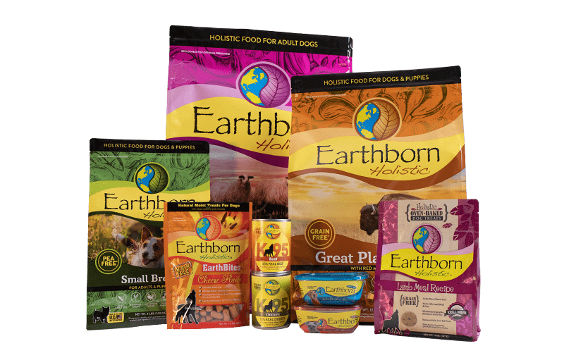 Various bags of Earthborn Holistic dog food