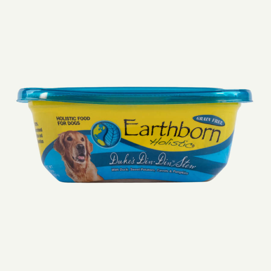 Earthborn Holistic Duke's Din-Din Stew dog food - front of tub