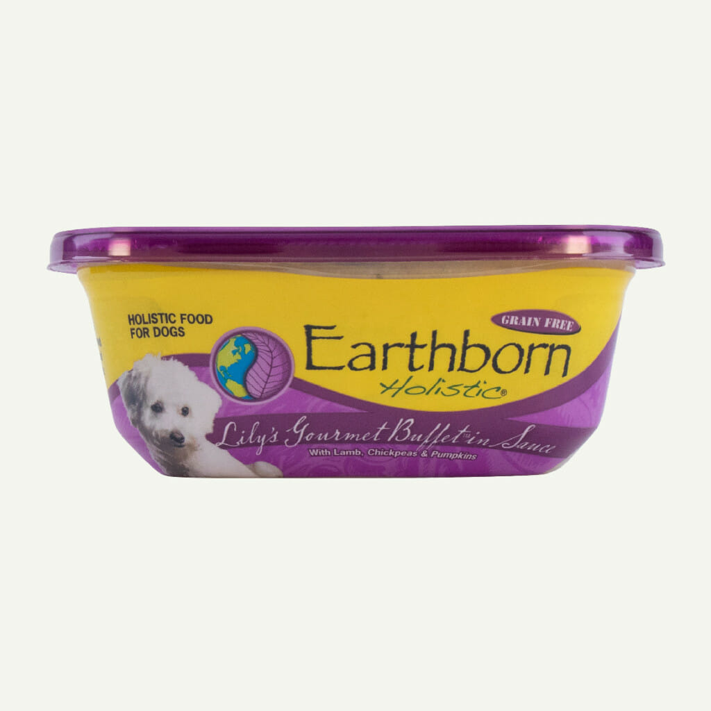 Earthborn Holistic Lily's Gourmet Buffet in Sauce dog food - front of tub