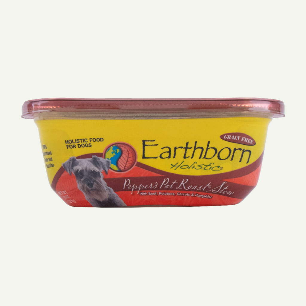 Earthborn Holistic Pepper's Pot Roast Stew dog food - front of tub