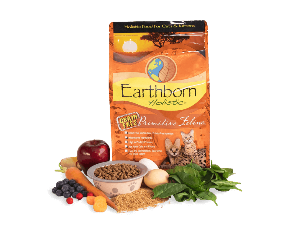 Earthborn Holistic bag with bowl of kibble and fresh ingredients