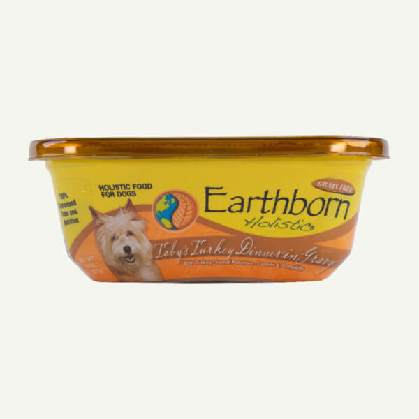 Earthborn Holistic Toby's Turkey Dinner in Gravy dog food - front of tub