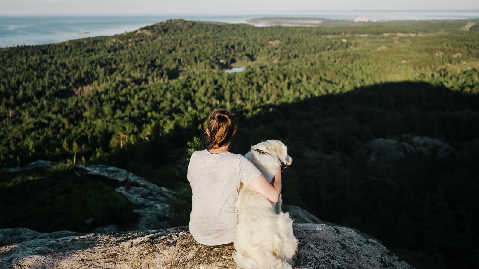 A woman and her dog sitting on a rock with a view of trees and water