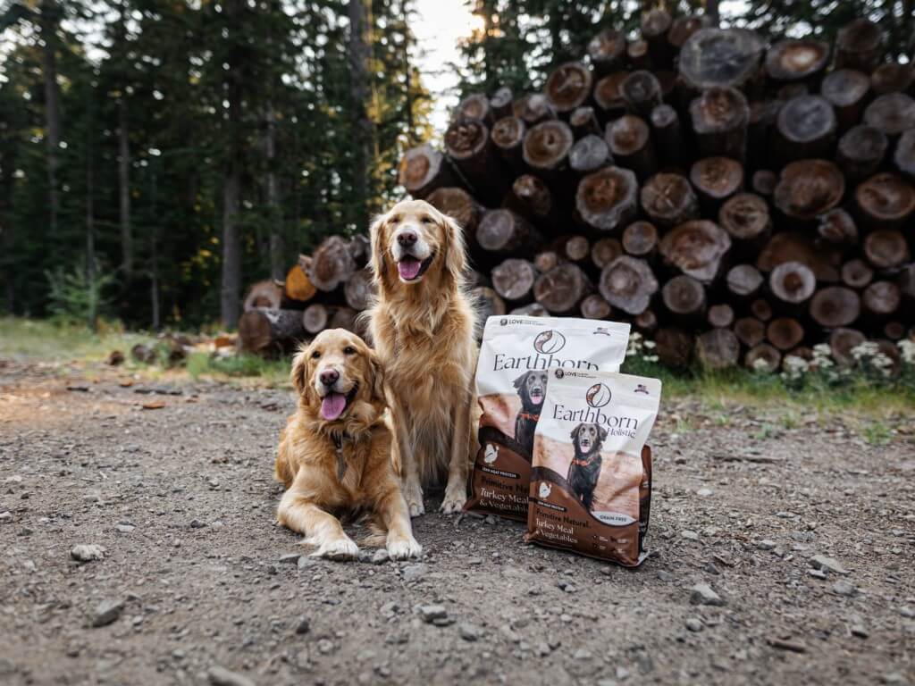 two golden retrievers sit outside next to two bags of Primitive Natural