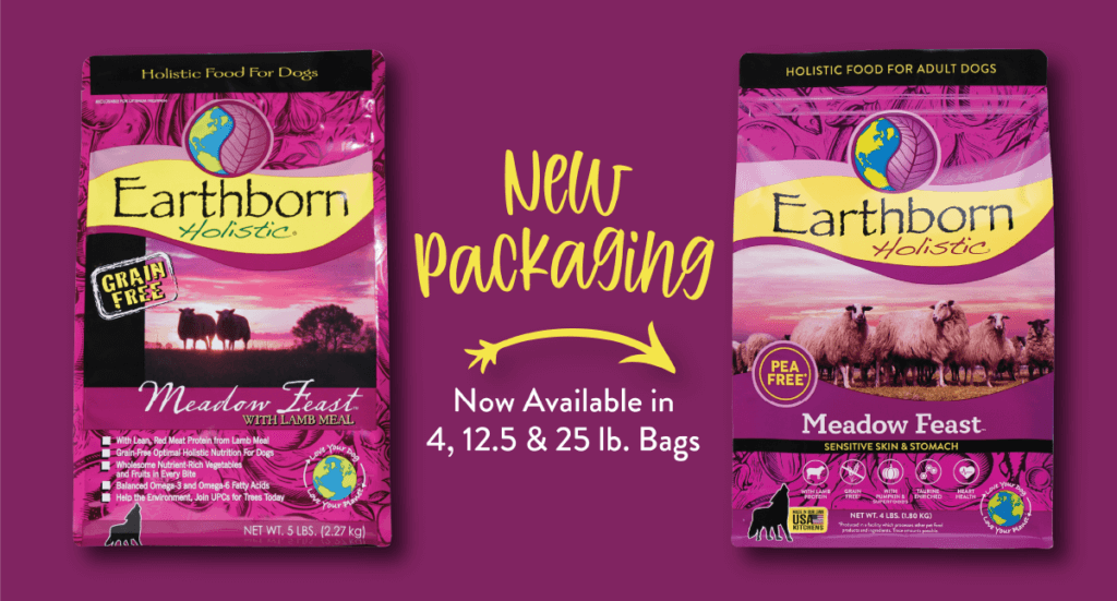 A graphic showing the new Earthborn Holistic Meadow Feast packaging