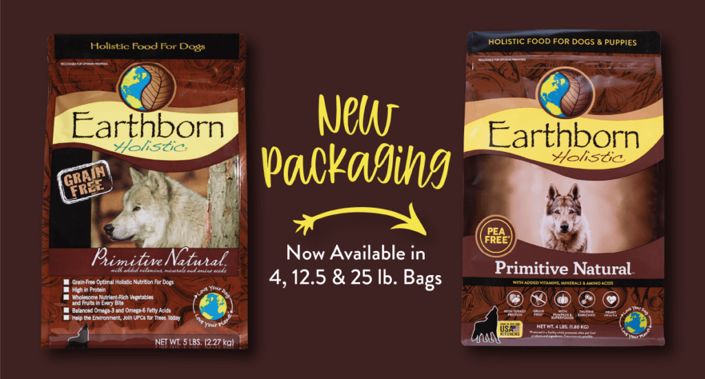 A graphic showing the new Earthborn Holistic Primitive Natural packaging