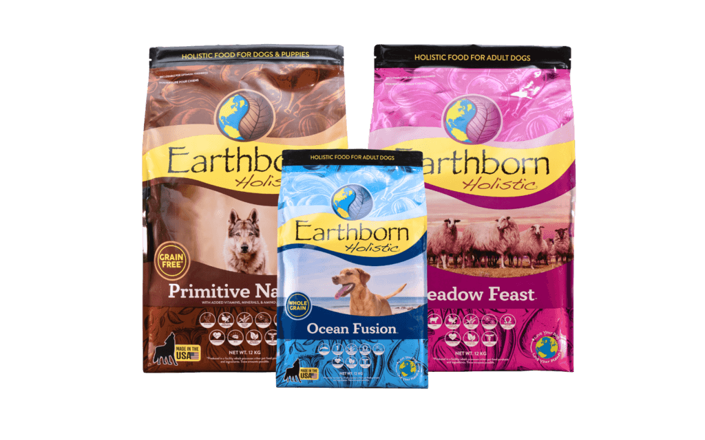 Bags of Earthborn Holistic Meadow Feast, Primitive Natural, and Puppy Vantage dog food