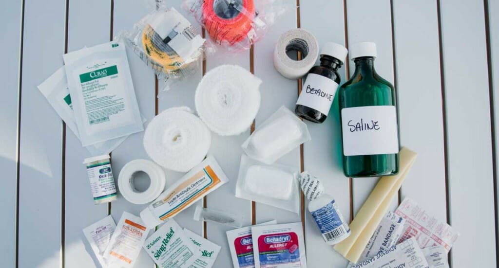 A flat lay of first aid products
