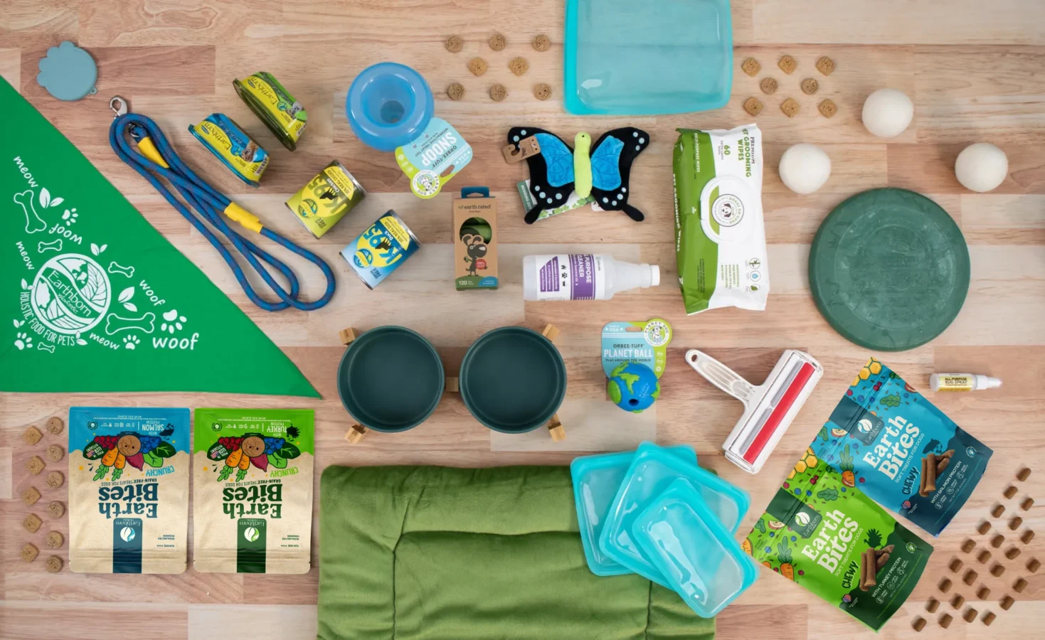A variety of eco-friendly dog products