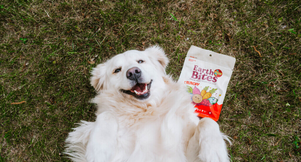 Dog lays on back smiling next to bag of EarthBites Crunchy