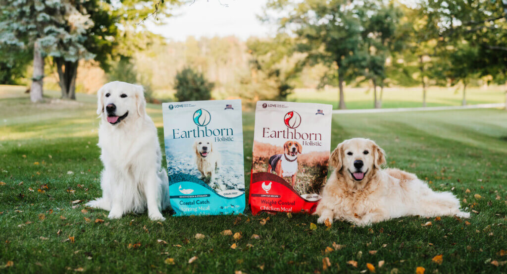 two dogs sit in grass with two bags of food