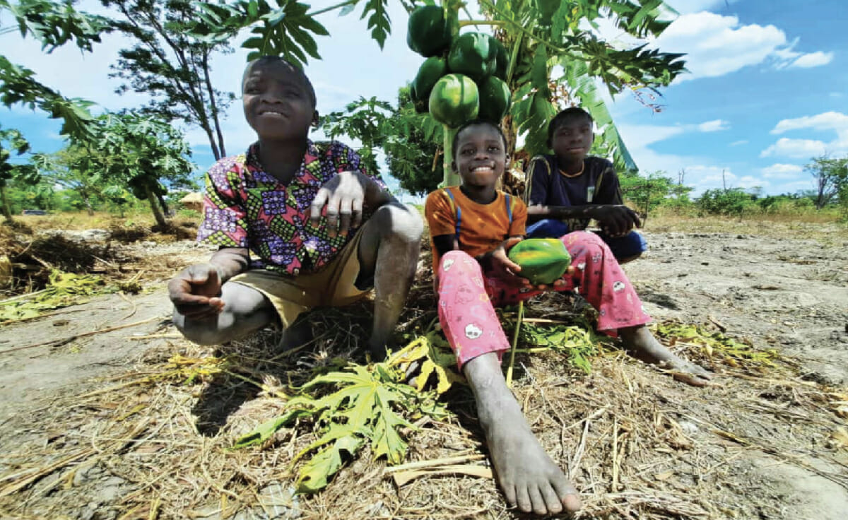 Hamis' three children sit in their family's forest garden