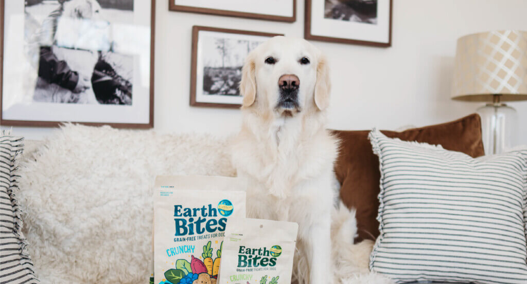 Dog sits with a bag of Salmon and Turkey EarthBites Crunchy