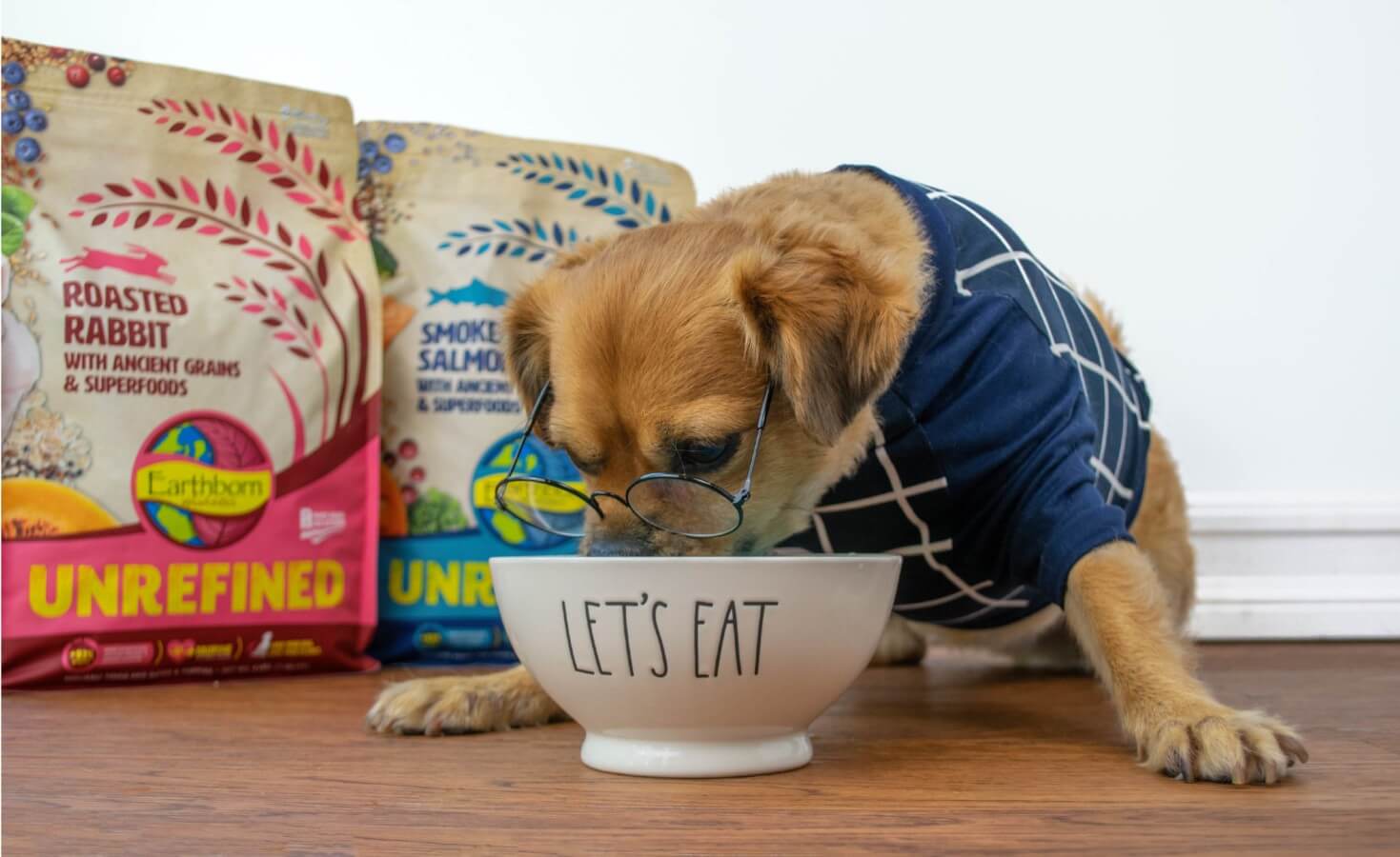 A dog eats out of a dog bowl that says "Let's Eat" on the side