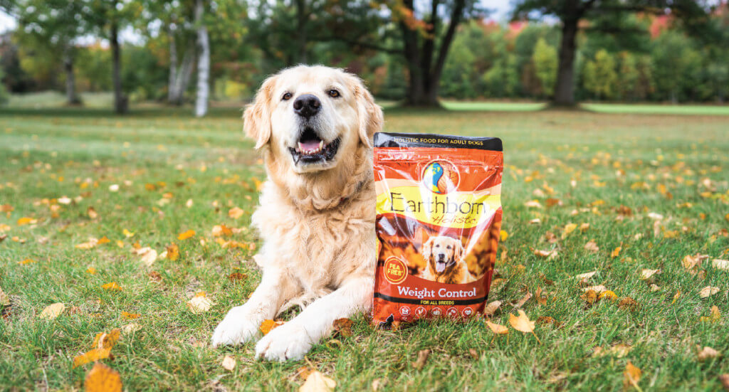 A dog lays in the grass next to a bag of Earthborn Holistic Weight Control dog food