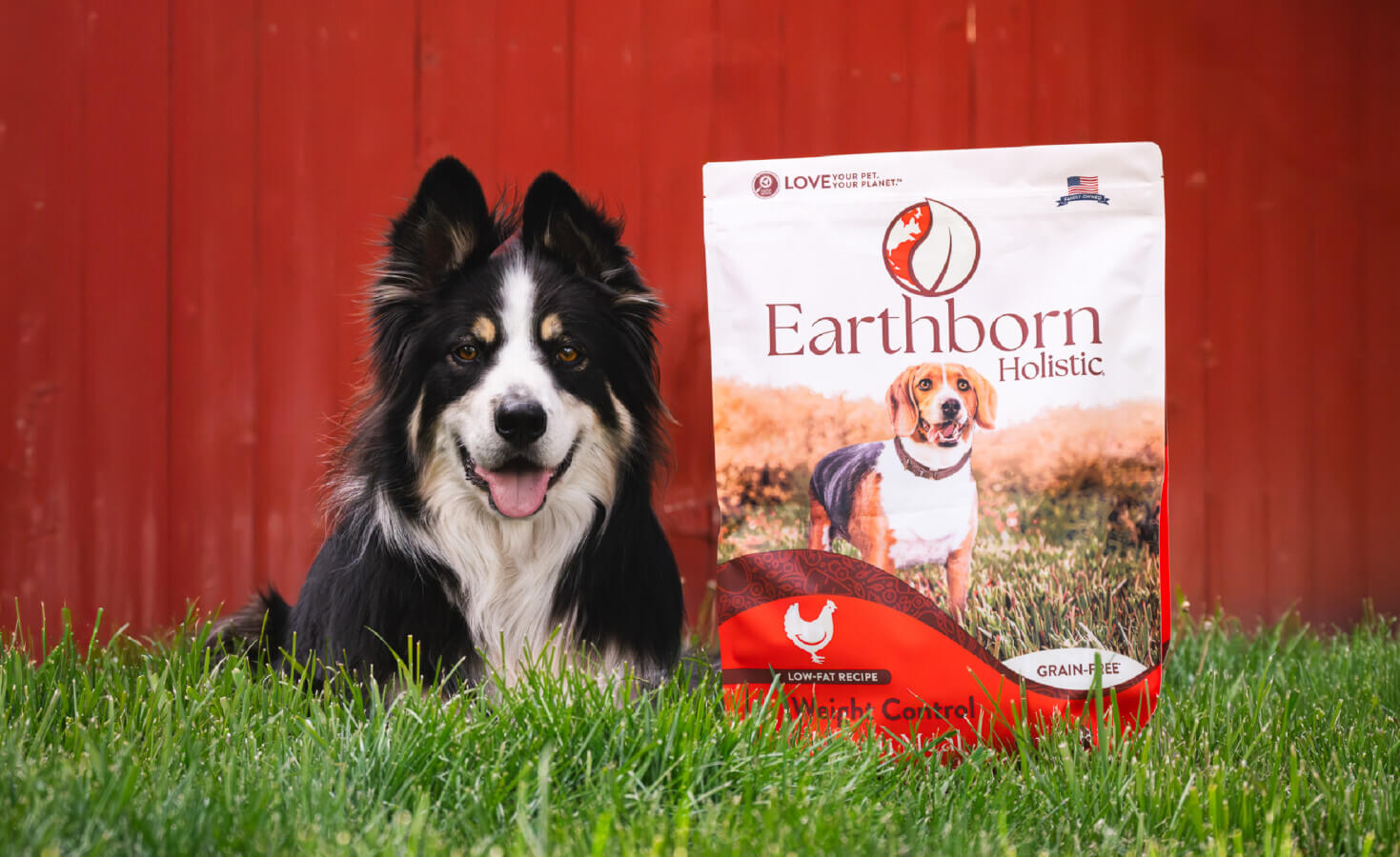 Dog lays in grass next to a bag of Weight Control