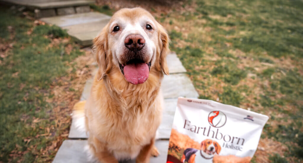 Dog smiles next to a bag of Weight Control dog food