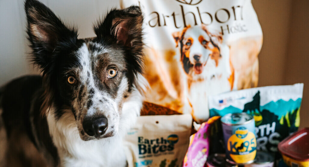 dog sits next to a variety of Earthborn Holistic foods and treats