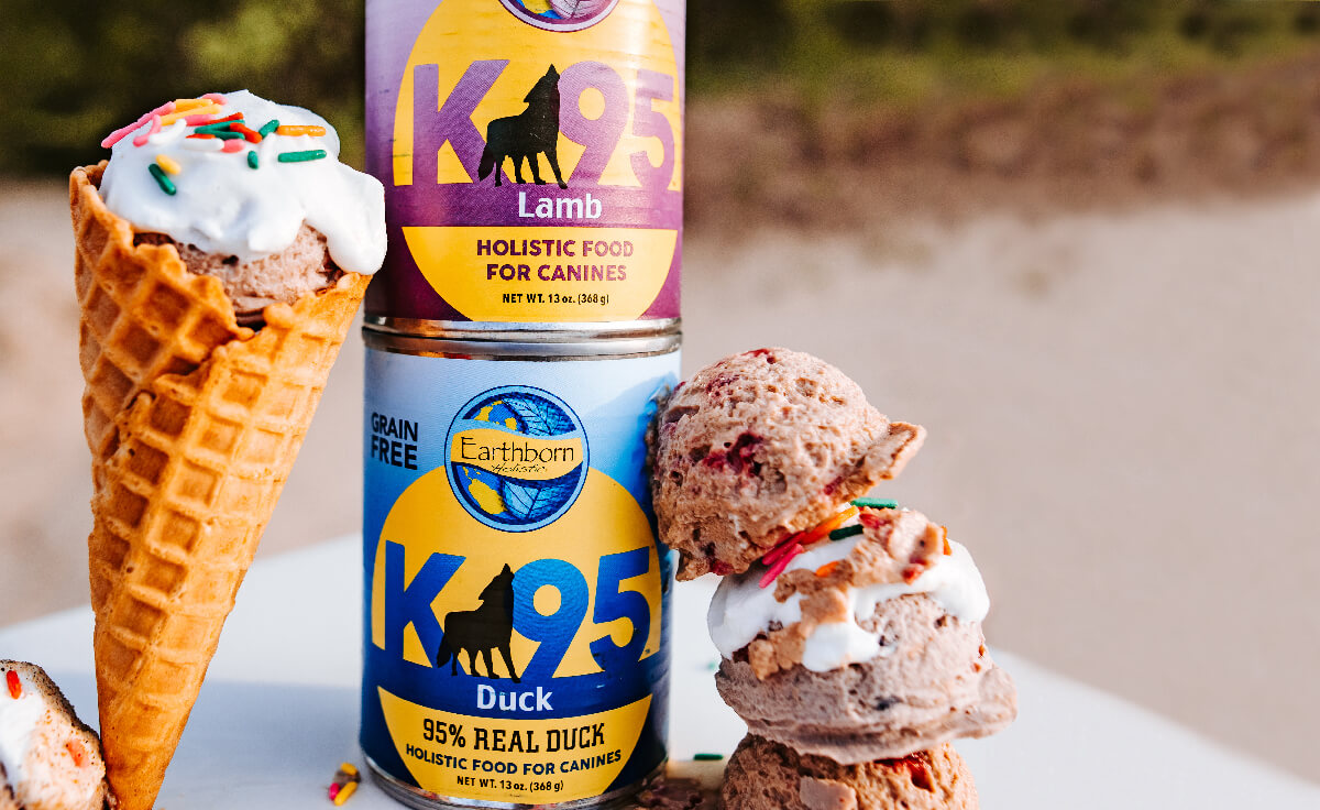 Two cans of Earthborn Holistic K95 dog food stacked next to an ice cream cone for dogs made with wet dog food