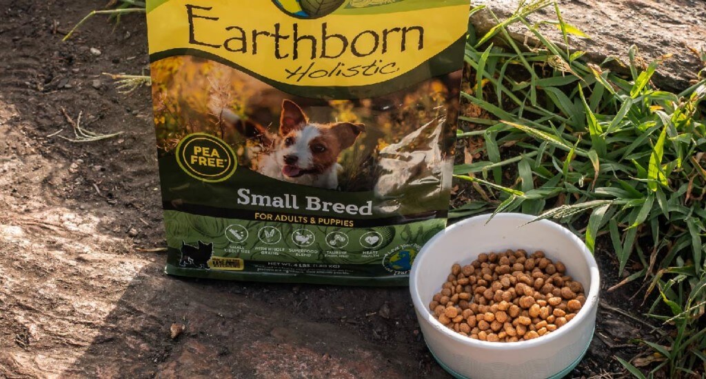 Bowl of dog food sits in front of a bag of Earthborn Holistic Small Breed dog food