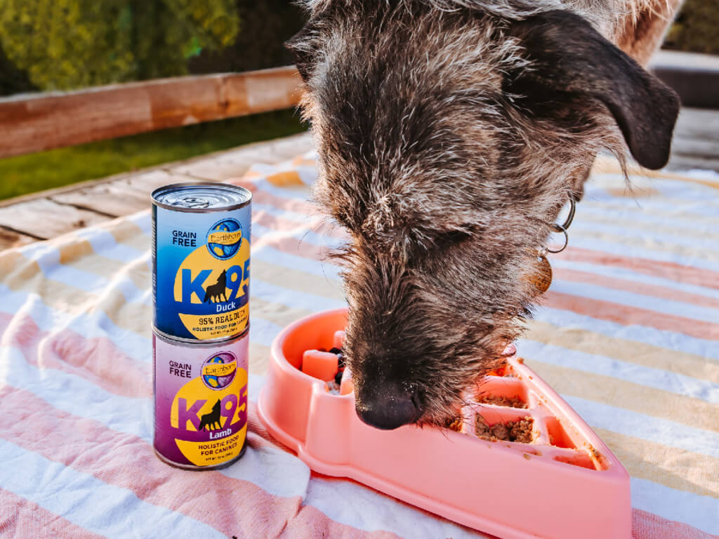 A dog eats out of an ice cream shaped slow feeder with two cans of K95 canned dog food sitting next to it