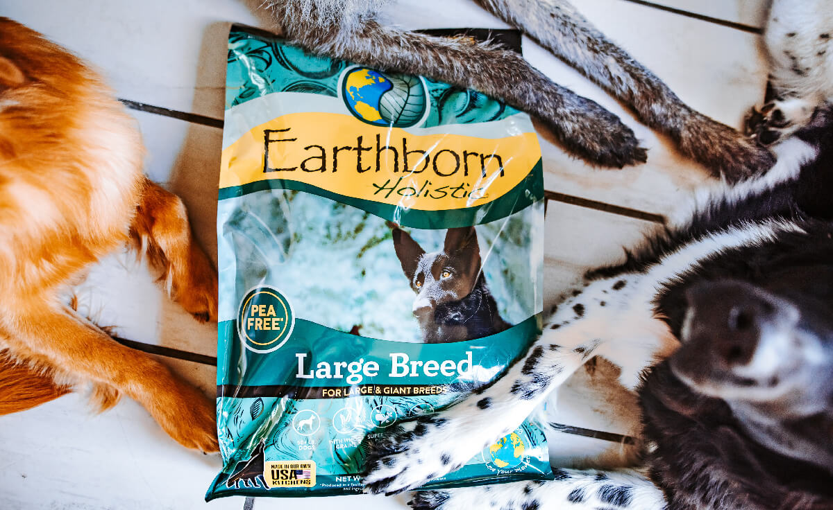 A bag of Earthborn Holistic large breed dog food lays on the ground while three sets of large paws lay on top of it