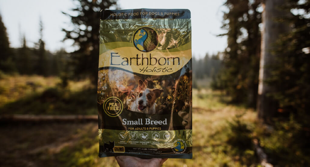 A hand holding a bag of Earthborn Holistic Small Breed dog food