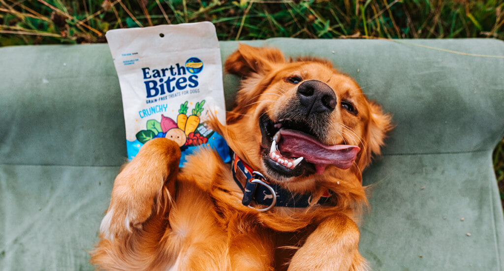 dog smiling and lying down next to a bag of EarthBites crunchy treats