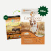 A graphic image showing the difference between the new and old Earthborn Holistic Great Plains Feast dog food packaging.