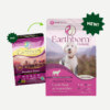 A graphic image showing the difference between the new and old Earthborn Holistic Meadow Feast dog food packaging.