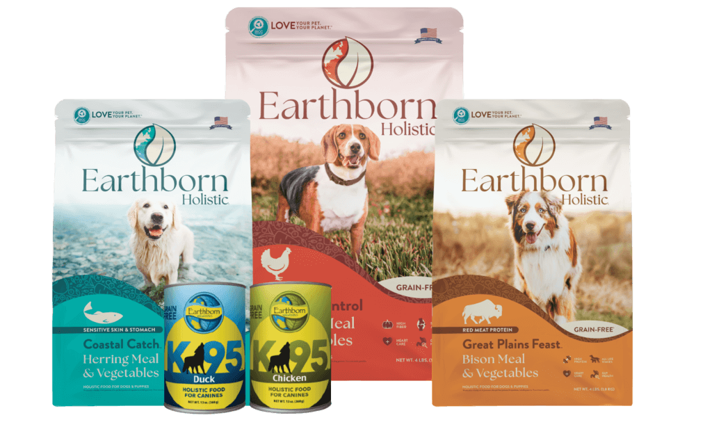 A group of Earthborn Holistic dry and wet dog food