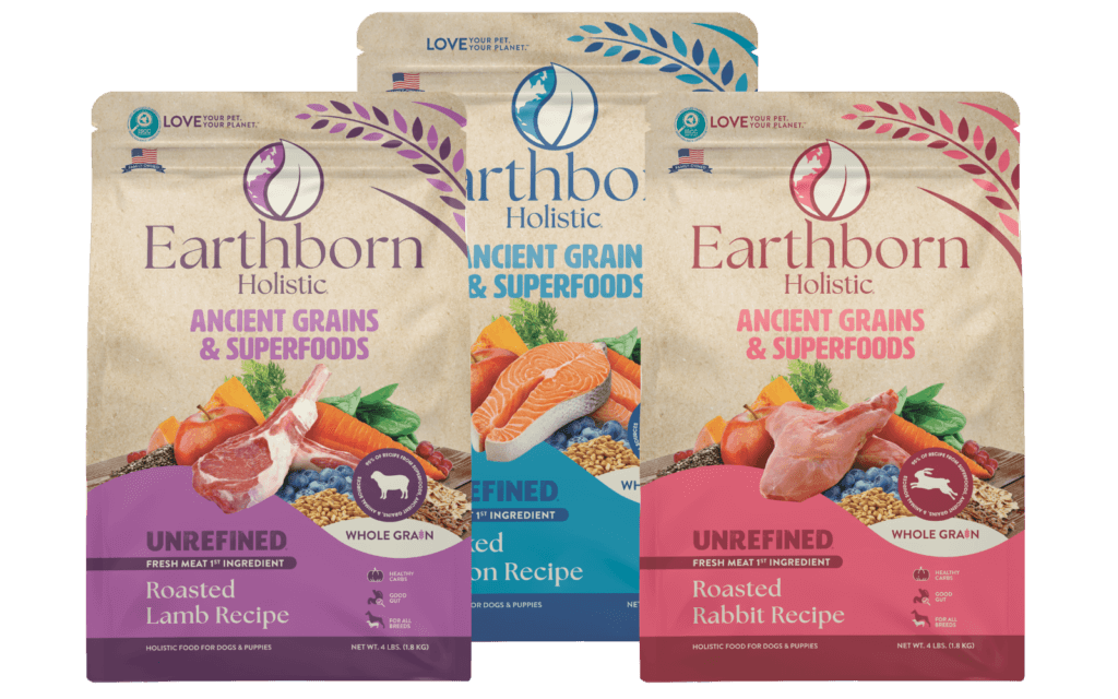 A group of Earthborn Holistic ancient grains dog food