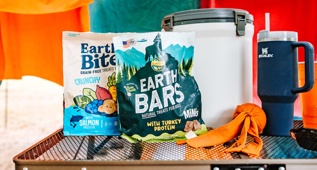 A bag of EarthBites Crunchy & EarthBars sitting on a table in front of colorful towels.