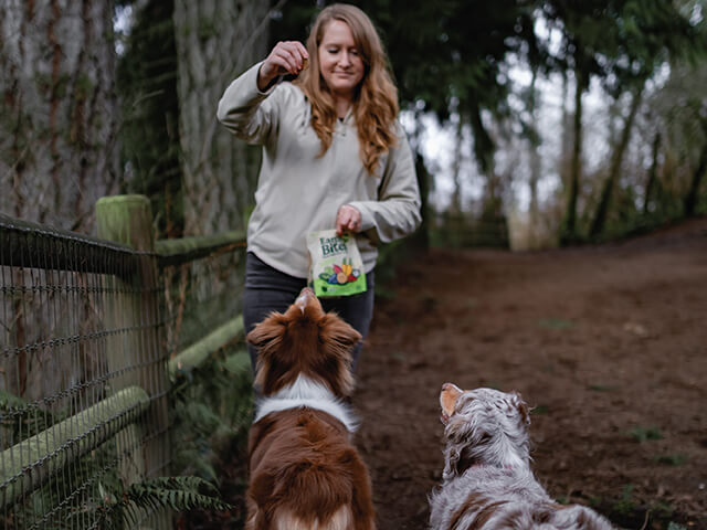 woman holding a treat in front of two dogs outside