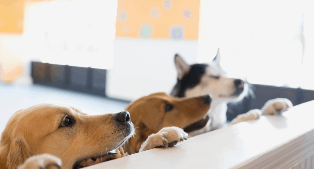 dogs peak over edge of wall at dog boarding