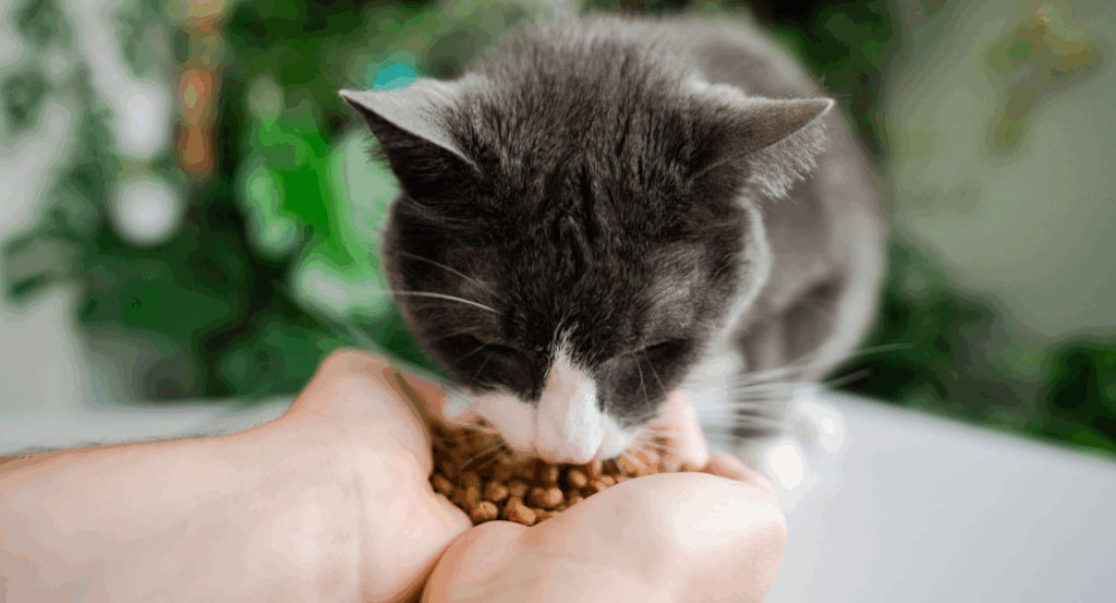cat eating pebbles out of human hands